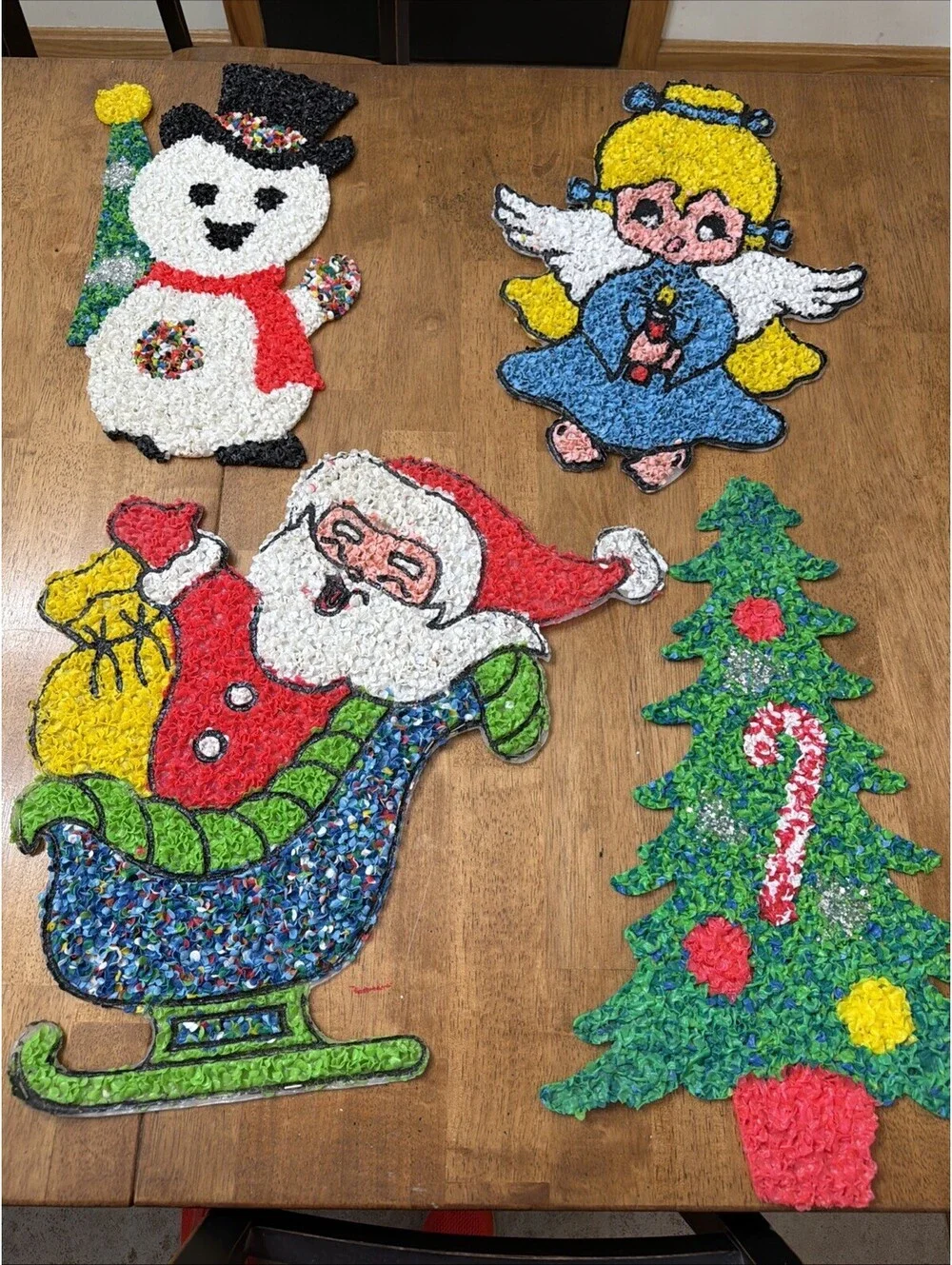 VTG Christmas Melted Plastic Popcorn Santa Angel Tree Frosty Snowman Decor 1970s